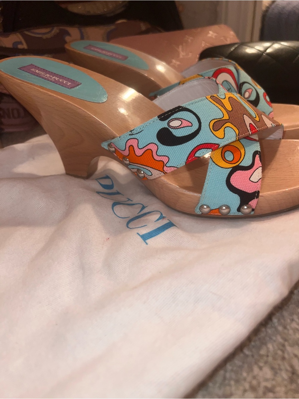 Emilio Pucci Wooden Mule Sandals with Color Pattern Strap